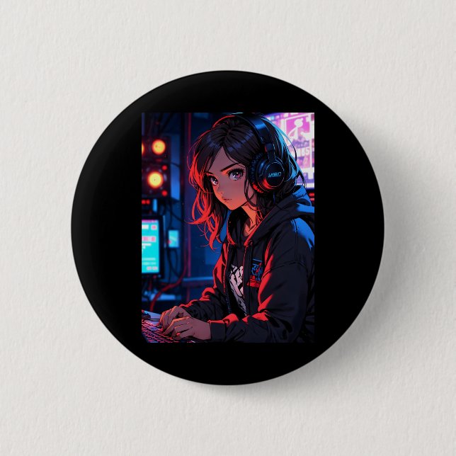Badge Rond 5 Cm Fille Anime Rétro Joueuse Configuration de Streami (Devant)