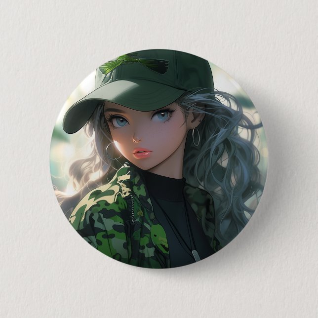 Badge Rond 5 Cm Fille d'anime de chasseur militaire de camouflage  (Devant)