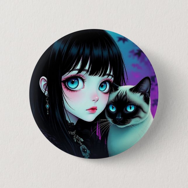 Badge Rond 5 Cm Fille d'anime et chat siamois (Devant)