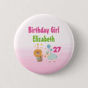 Badge Rond 5 Cm Fille d'anniversaire avec le lion de fête et le mo