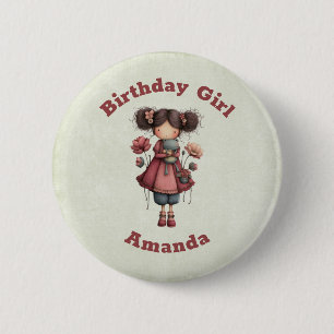 Badge Rond 5 Cm Fille d'anniversaire avec une poupée grenouille mi