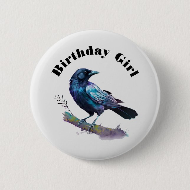 Badge Rond 5 Cm Fille d'anniversaire - Beau corbeau sur une branch (Devant)