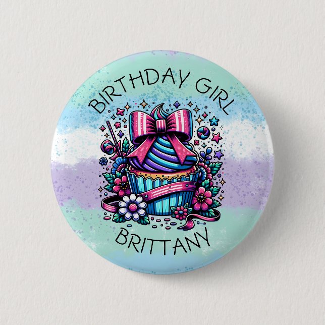 Badge Rond 5 Cm Fille d'anniversaire Cupcake Whimsical Personnalis (Devant)