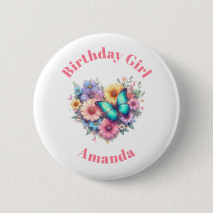 Badge Rond 5 Cm Fille d'anniversaire Daisy Flowers avec un papillo