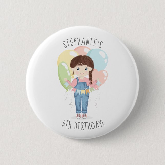 Badge Rond 5 Cm Fille d'anniversaire dans les salles Brunette (Devant)