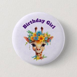 Badge Rond 5 Cm Fille d'anniversaire Girafe mignonne avec couronne