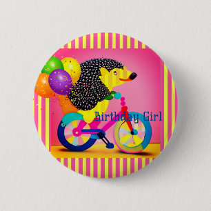 Badge Rond 5 Cm Fille d'anniversaire Hérisson équitation Ballons d