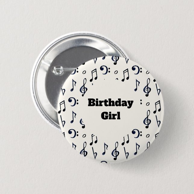 Badge Rond 5 Cm Fille d'anniversaire - Motif de notes musicales (Devant & derrière)