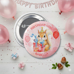 Badge Rond 5 Cm Fille d'anniversaire personnalisée Écureuil Rose e