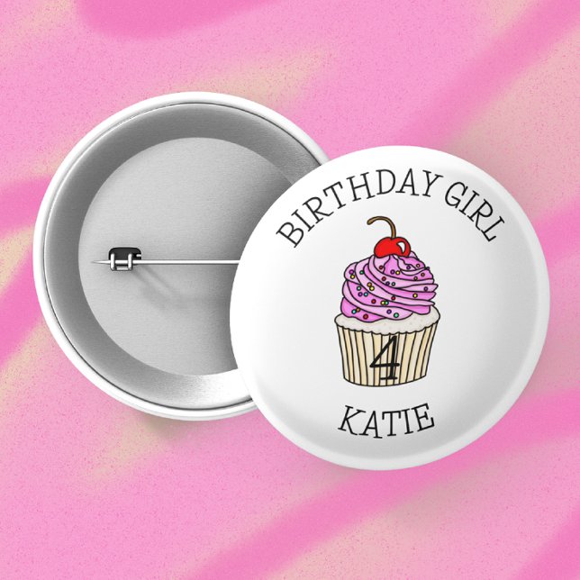 Badge Rond 5 Cm Fille d'anniversaire personnalisée | Nom et âge (Créateur téléchargé)