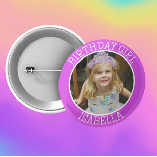 Badge Rond 5 Cm Fille d'anniversaire personnalisée   Nom et photo