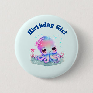 Badge Rond 5 Cm Fille d'anniversaire Pieuvre Mignonne Thème Sous l