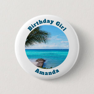 Badge Rond 5 Cm Fille d'anniversaire  Plage tropicale panoramique 