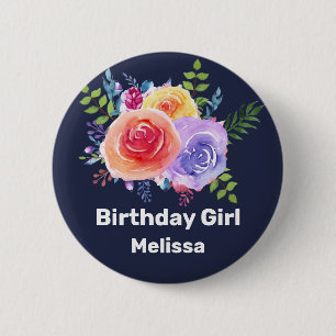 Badge Rond 5 Cm Fille d'anniversaire Roses aquarelle