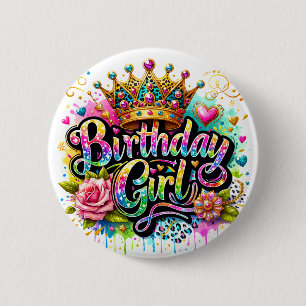 Badge Rond 5 Cm Fille d'anniversaire royale colorée