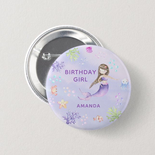 Badge Rond 5 Cm Fille d'anniversaire sirène (Devant & derrière)