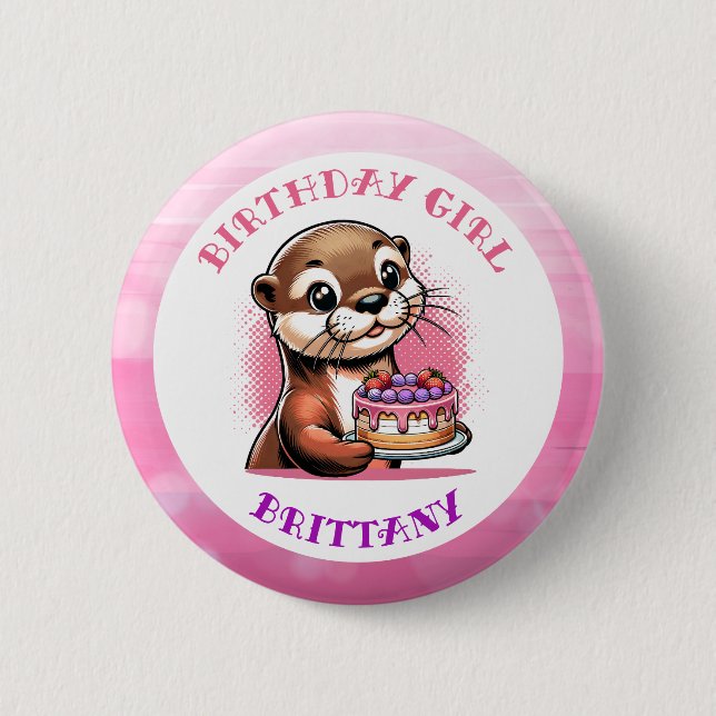 Badge Rond 5 Cm Fille d'anniversaire thème loutre (Devant)