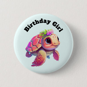 Badge Rond 5 Cm Fille d'anniversaire - Tortue de mer rose Whimsica