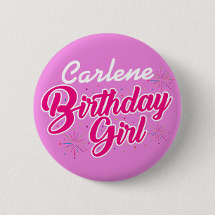 Badge Rond 5 Cm Fille d'anniversaire Typographie rose avec NOM sur