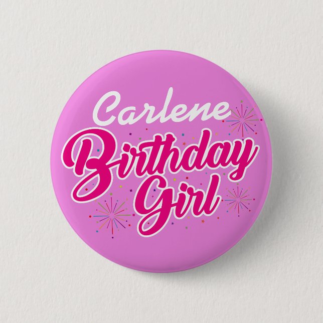 Badge Rond 5 Cm Fille d'anniversaire Typographie rose avec NOM sur (Devant)