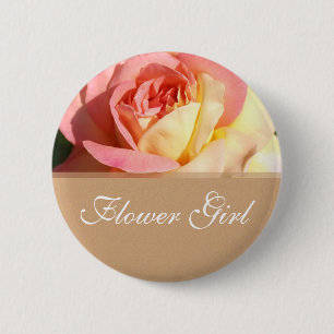 Badge Rond 5 Cm Fille de fleurs rose jaune bouton de nom de mariag