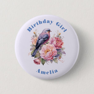 Badge Rond 5 Cm Fille de la chanson debout sur les pivoines roses