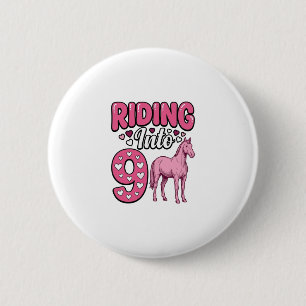 Badge Rond 5 Cm Fille de l'anniversaire de 9 chevaux à cheval Vint