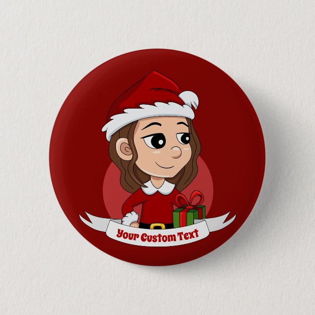 Badge Rond 5 Cm Fille de Noël aux cheveux bruns ondulés (Devant)