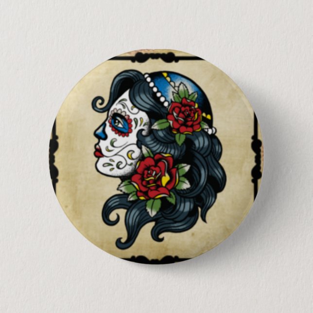 Badge Rond 5 Cm fille de tatouage de crâne (Devant)