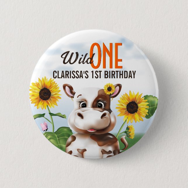 Badge Rond 5 Cm Fille de Tournesol de vache premier anniversaire (Devant)