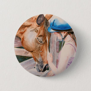 Badge Rond 5 Cm Fille d'équitation et son amoureux des animaux de