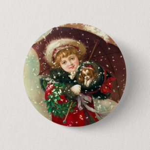 Badge Rond 5 Cm Fille d'hiver de Maud Humphrey avec le chien