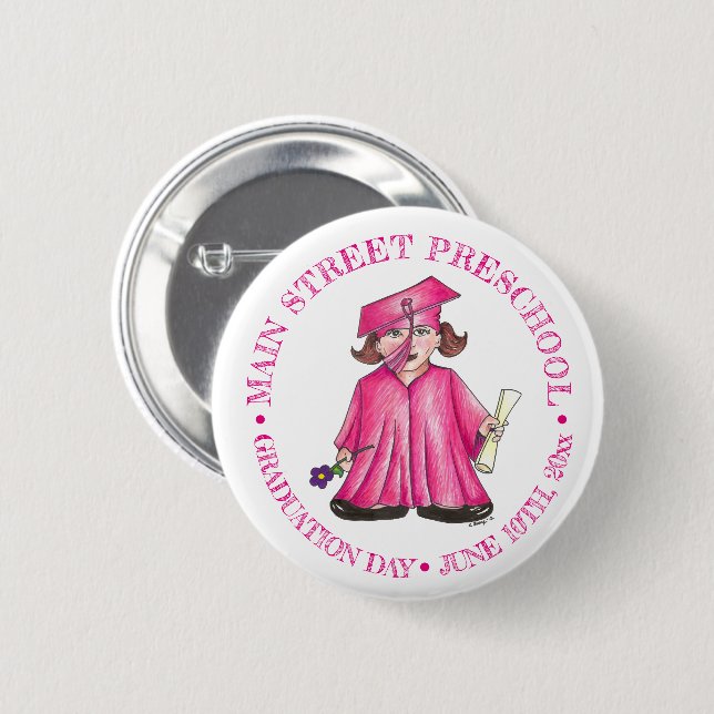 Badge Rond 5 Cm Fille Diplômée Pink Gown Casquette Préscolaire Gra (Devant & derrière)