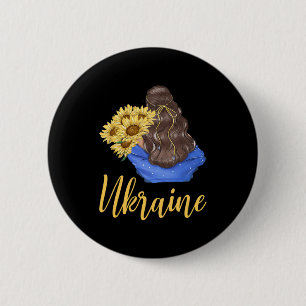 Badge Rond 5 Cm Fille d'Ukraine avec tournesols couleurs bleu jaun