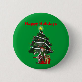 Badge Rond 5 Cm Fille Elfe Arbre Présente Noël Fête Bouton Épingle