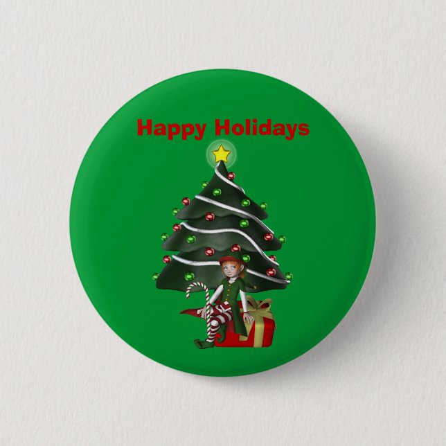 Badge Rond 5 Cm Fille Elfe Arbre Présente Noël Fête Bouton Épingle (Devant)