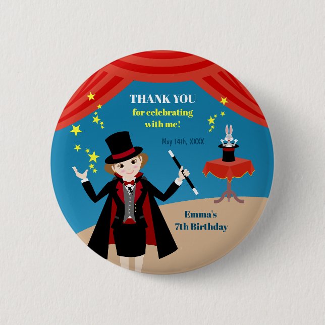 Badge Rond 5 Cm Fille magicien Spectacle Anniversaire (Devant)