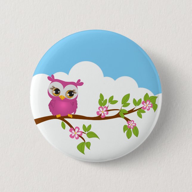 Badge Rond 5 Cm Fille mignonne de hibou sur un bouton de branche (Devant)