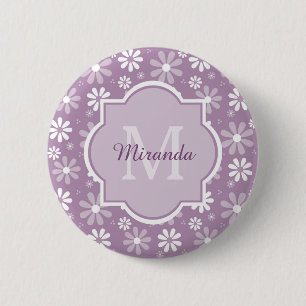Badge Rond 5 Cm Fille Monogramme Lumière Purple Daisy Fleurs et no
