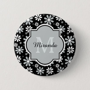 Badge Rond 5 Cm Fille Monogramme Noir Blanc Fleurs Faisées Avec No