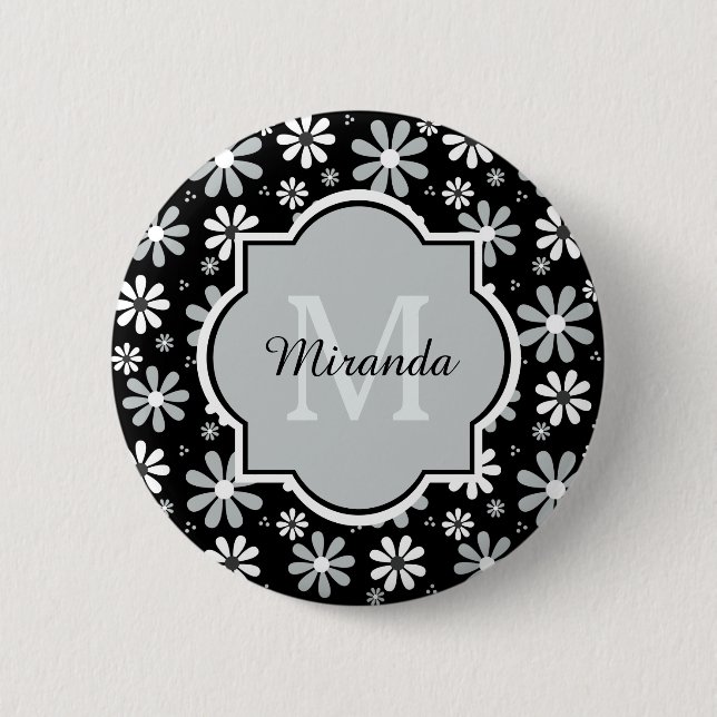 Badge Rond 5 Cm Fille Monogramme Noir Blanc Fleurs Faisées Avec No (Devant)