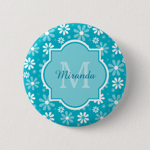 Badge Rond 5 Cm Fille Monogramme Turquoise Daisy Fleurs Avec Nom