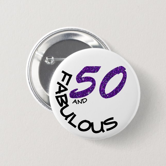 Badge Rond 5 Cm Fille Parties scintillant violet 50 Fabuleux anniv (Devant & derrière)