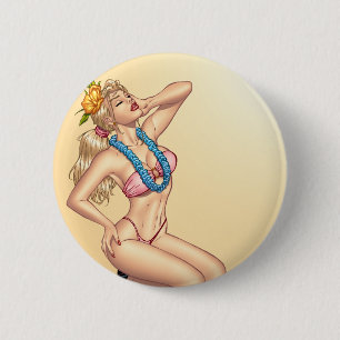 Badge Rond 5 Cm Fille Pin- blonde de bikini avec des fleurs par Al