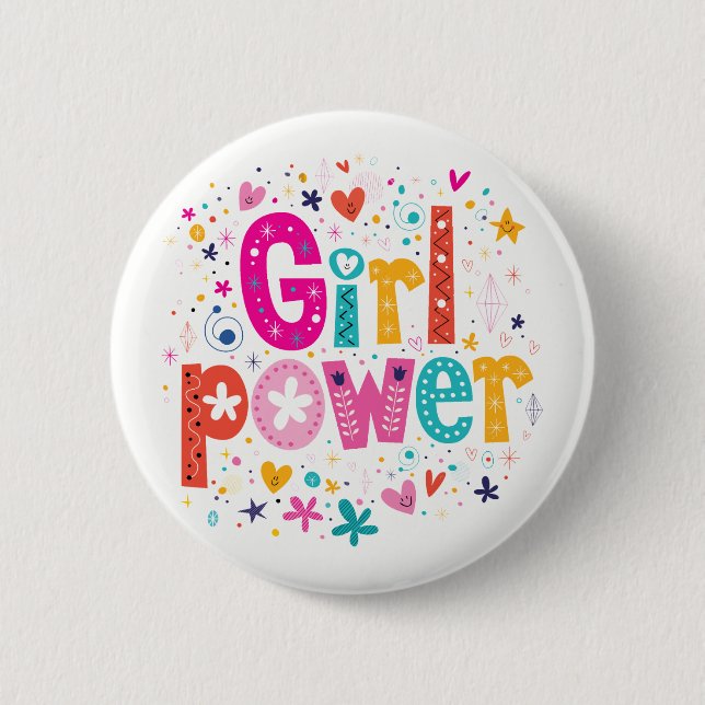 Badge Rond 5 Cm Fille Power brillant rose et blanc (Devant)