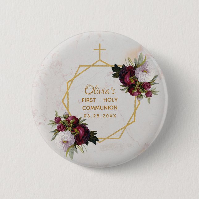 Badge Rond 5 Cm Fille Première Communion Gold Burgundy Peonies Mar (Devant)