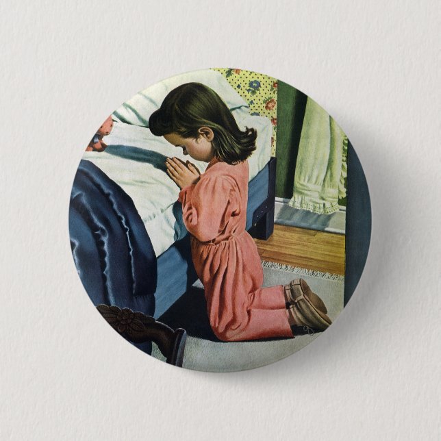 Badge Rond 5 Cm Fille priant au coucher, la prière du Seigneur (Devant)
