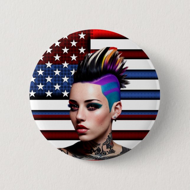 Badge Rond 5 Cm Fille punk mohawk avec drapeau américain (Devant)