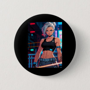 Badge Rond 5 Cm Fille Rétro Anime Cyberpunk Combattante de Rue Néo