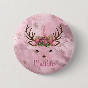 Badge Rond 5 Cm Fille rose de marbre doré licorne rennes flocons d